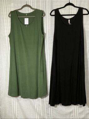 Set of 2 easy, everyday midi dresses in size 2XL one black + one olive green.
